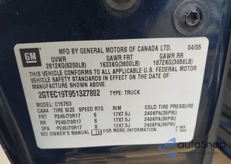 2005 GMC Sierra 1500 Sle z USA, uszkodzony, nr VIN 2GTEC19T951327802